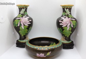 Conjunto 3 peças em Metal Cloisonné Chinês Preto Floral XIX 23 A cm