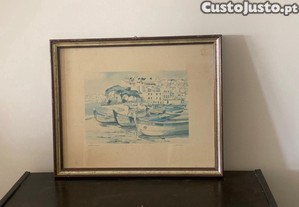 Quadro decorativo com barcos e moldura em madeira 43x35 cm