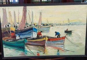 Retro Vintage Antigo Quadro 104x65cm Pintura Óleo Original Barcos na Pesca