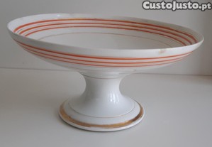 Retro Vintage Antiga Taça Prato c/ Pé Porcelana Branca Fio Laranja