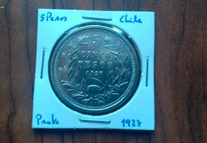 Moeda 5 Pesos 1927 Chile