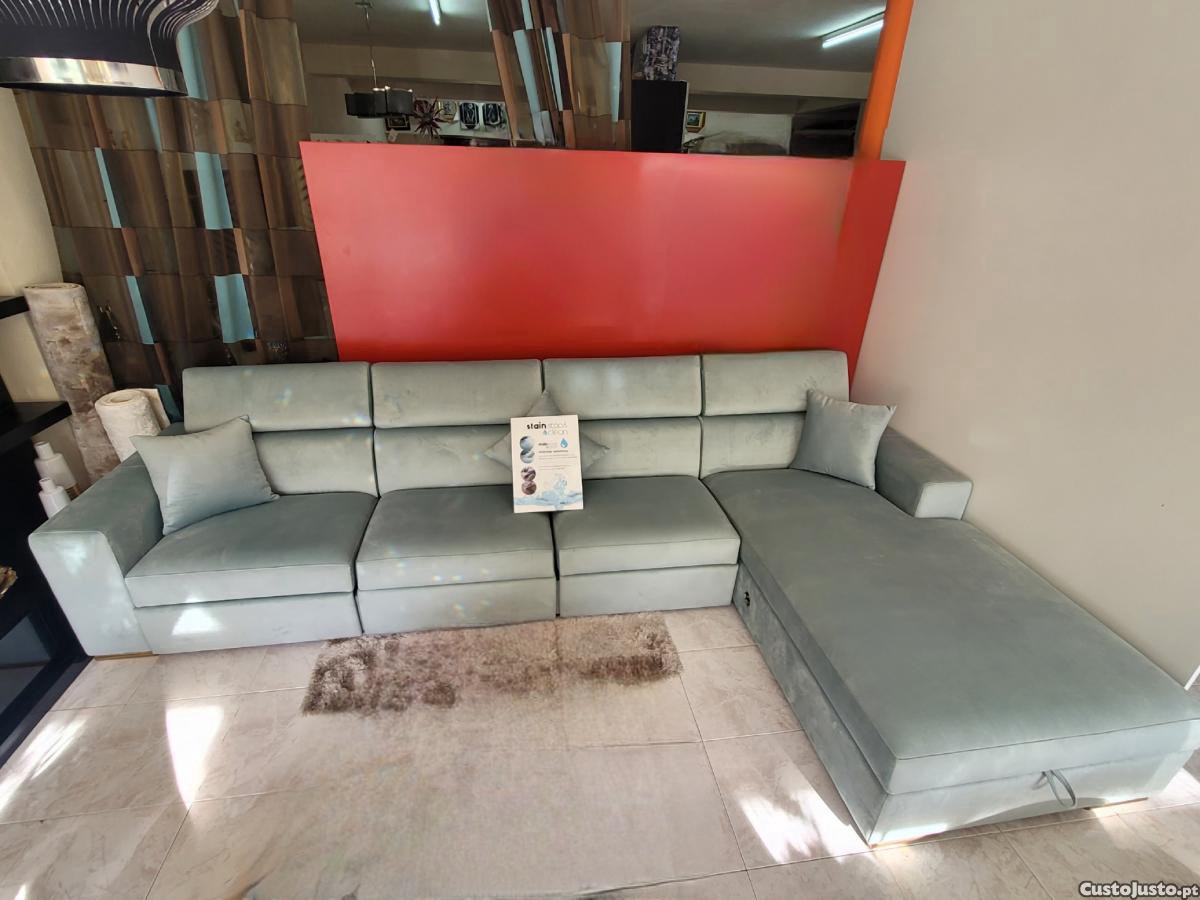 Sofá 3 Lugares com Chaiselong Cabeços Ajustáveis Verde-Água